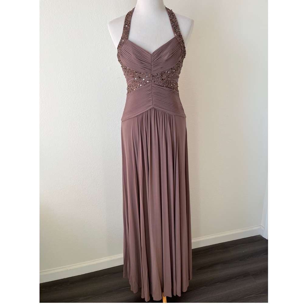 BCBGMaxAzria Halter Embellished Formal Gown